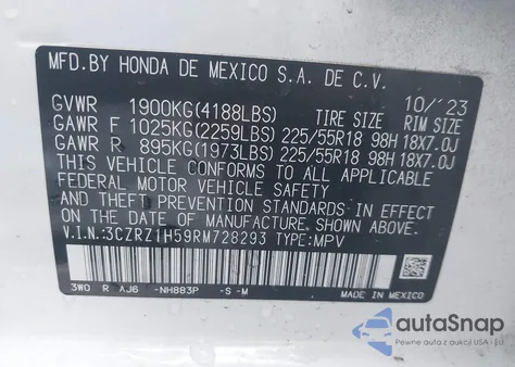 2024 Honda Hr-V Sport from USA, damaged, VIN 3CZRZ1H59RM728293